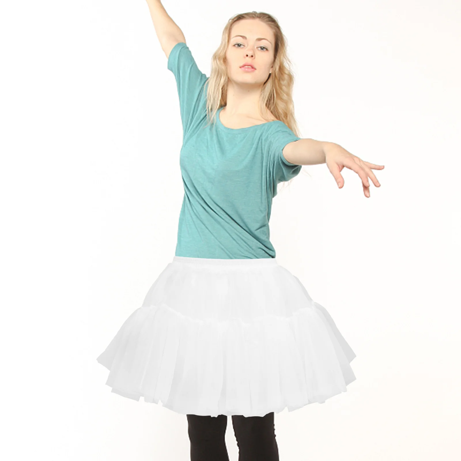

White Women Hoopless Petticoat Elastic Waist Short Tutu Skirt Dress Underskirt for Cosplay Ballet Dance