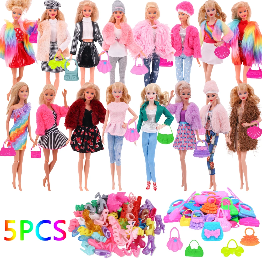 5PCS Barbies Doll Clothes Accessories Set=1 Clothes+2PCS Shoes+2PCS Bags Fit 1/6 BJD Doll Toys For Girls Barbies Clothes Shoes