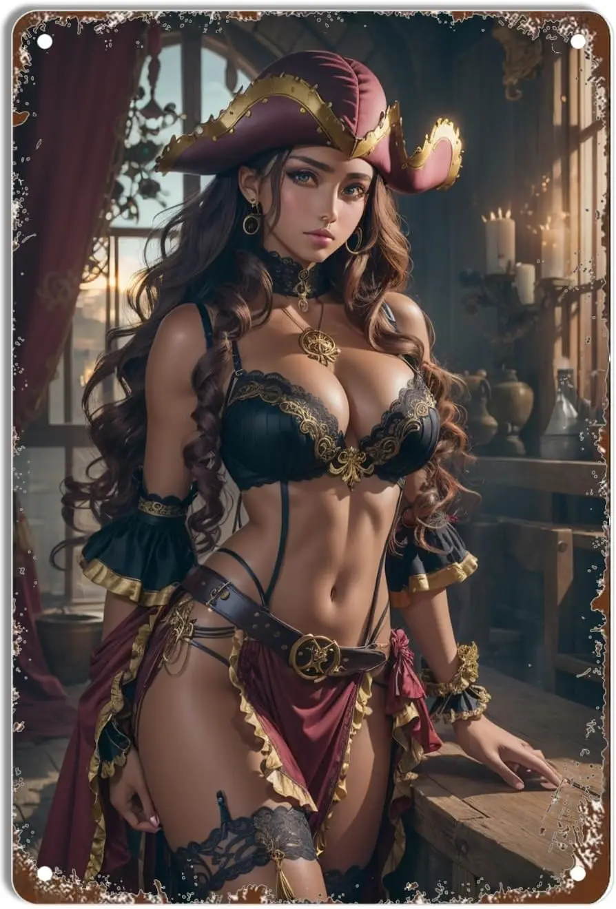 RUUHUYSA Metal Tin Sign Anime Girl Pinup Girl Cool Girl Sexy Women Female Pirate Iron Painting Home Family Lovers Gift Funn sign