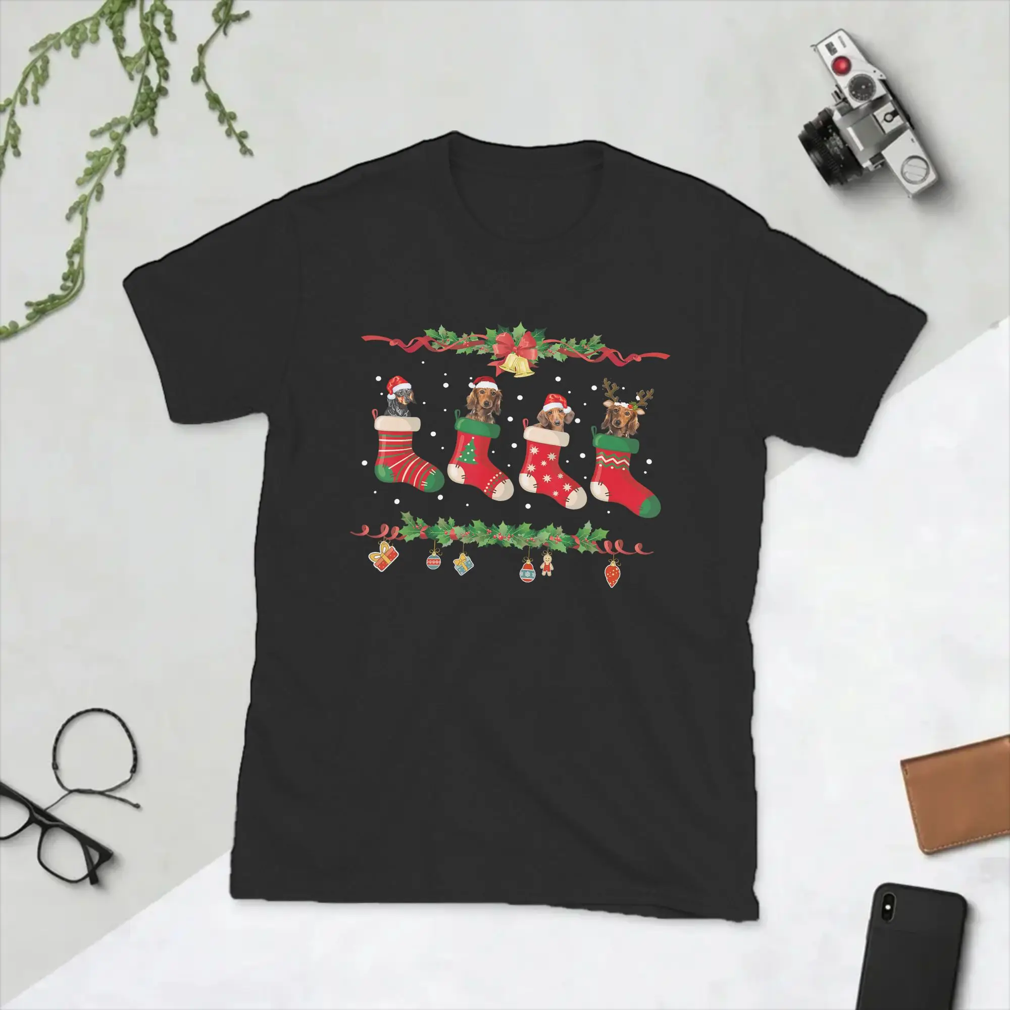 Dachshund Christmas Shirt Stocking Dog Xmas T-Shirt for Men  Novelty Pure Cotton Tee Shirt Crew Neck Short Sleeve T Shirt