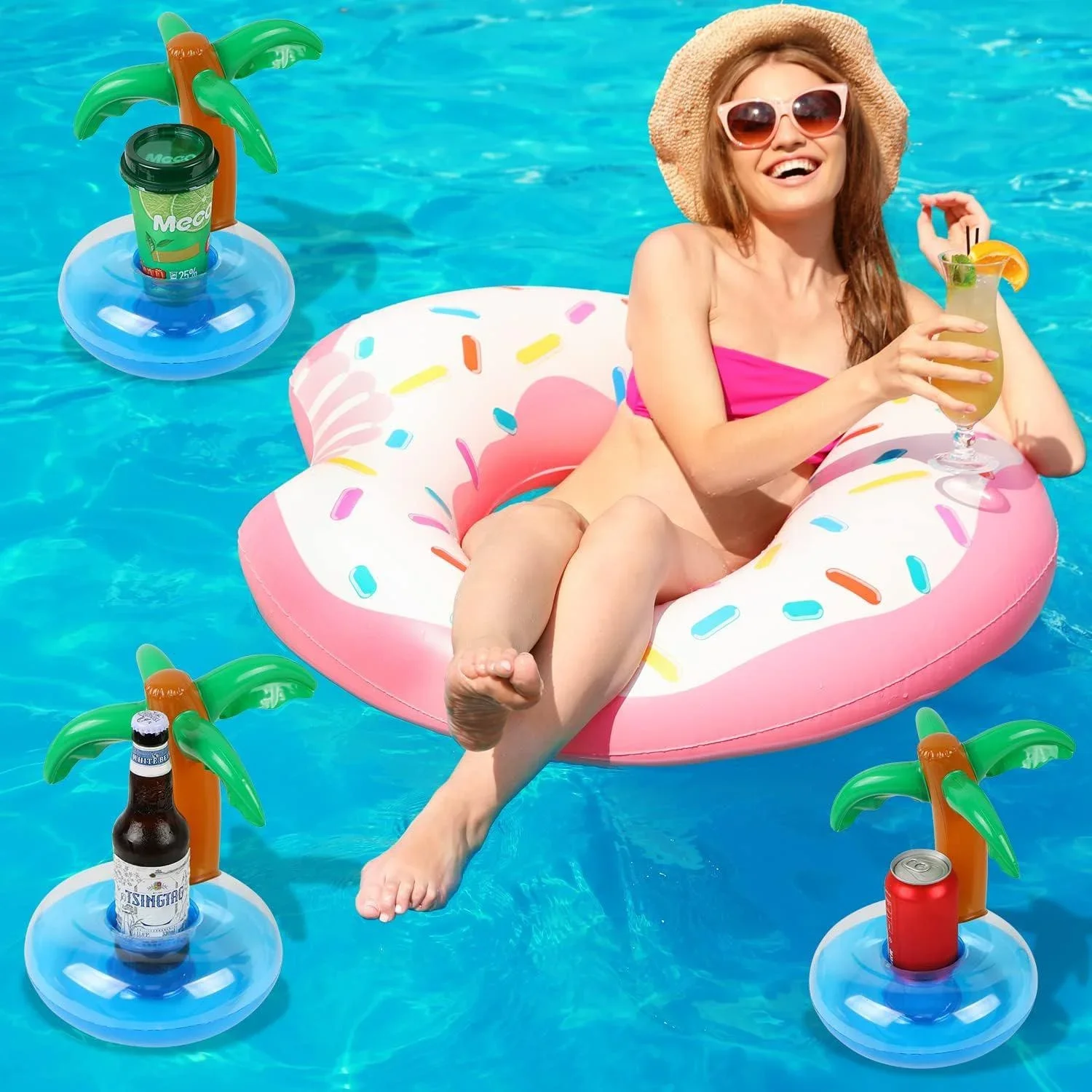 Inflatable Coconut Palm Trees Drink Holders Drink Pool Floats Floating Cup Holder for Hawaii Summer Pool Party Drinks Favors