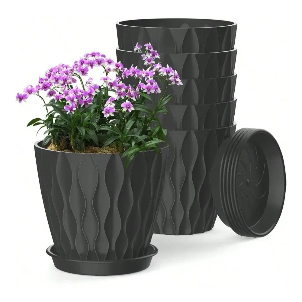 

Plant Pots 5 Pack, Flower Planters With Drainage Holes And Trays, Plastic Pots Indoor Outdoor Plants, White