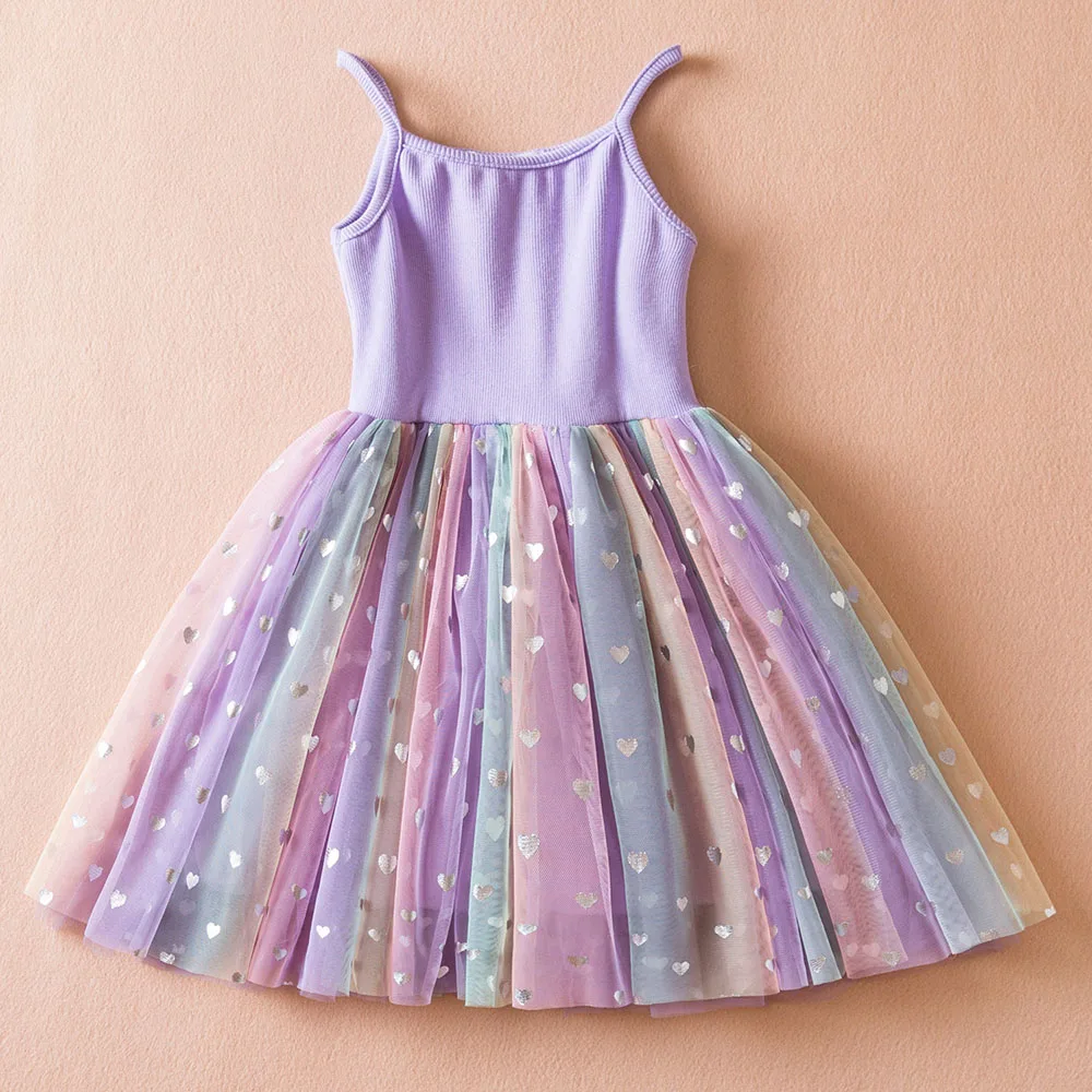 Summer Kids Girls Princess Dress Heart print Rainbow Sling Dresses Children Birthday Party Tulle Costume