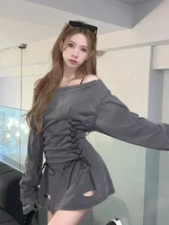 Fairycore Grunge Corset Dress Long Sleeve Women Aesthetic Y2k Fairy Goth Clothes Kawaii Bandage Bodycon Dresses Spring Autumn