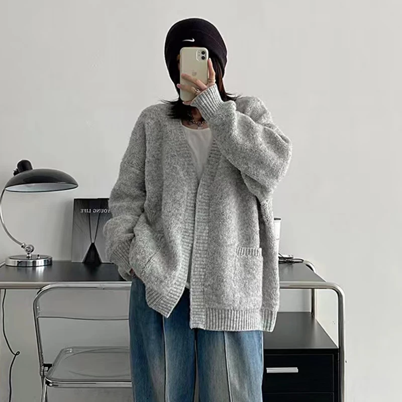 Female Gray Knitting Sweater Cardigan Harajuku Lazy Style Loose Soft Knit Cardigans Y2K Ladies All-Match Pockets Knitwear Coat