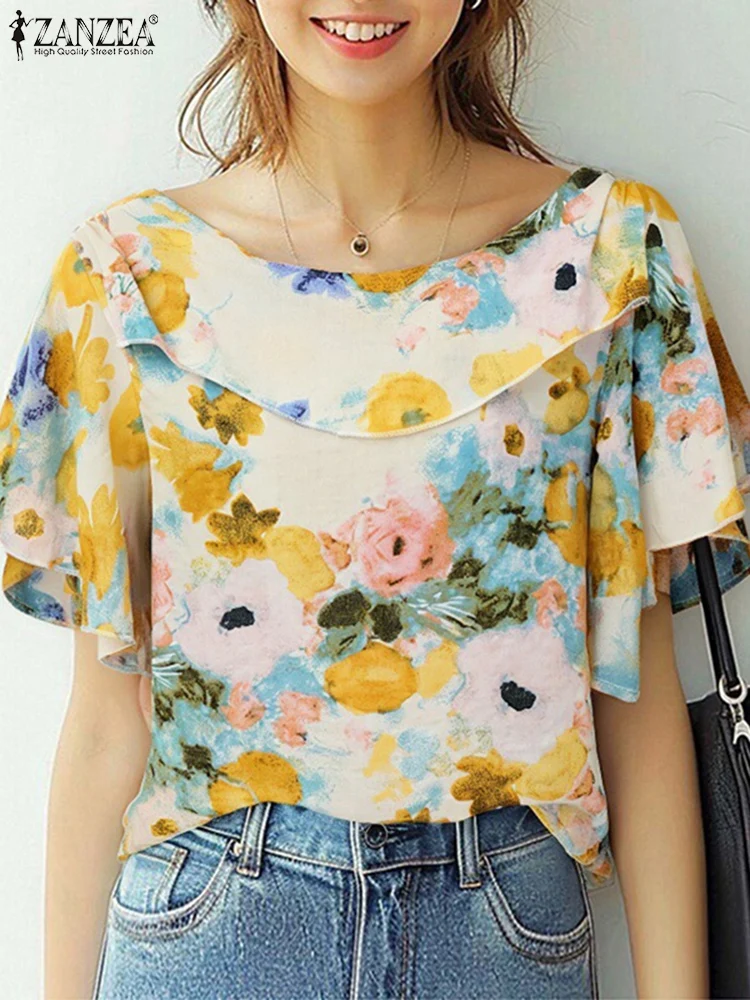 

ZANZEA Summer Blouses Women Bohemian Floral Printed Casual Shirts 2025 Short Ruffled Sleeve Vintage Tunic Top Loose Retro Blusas