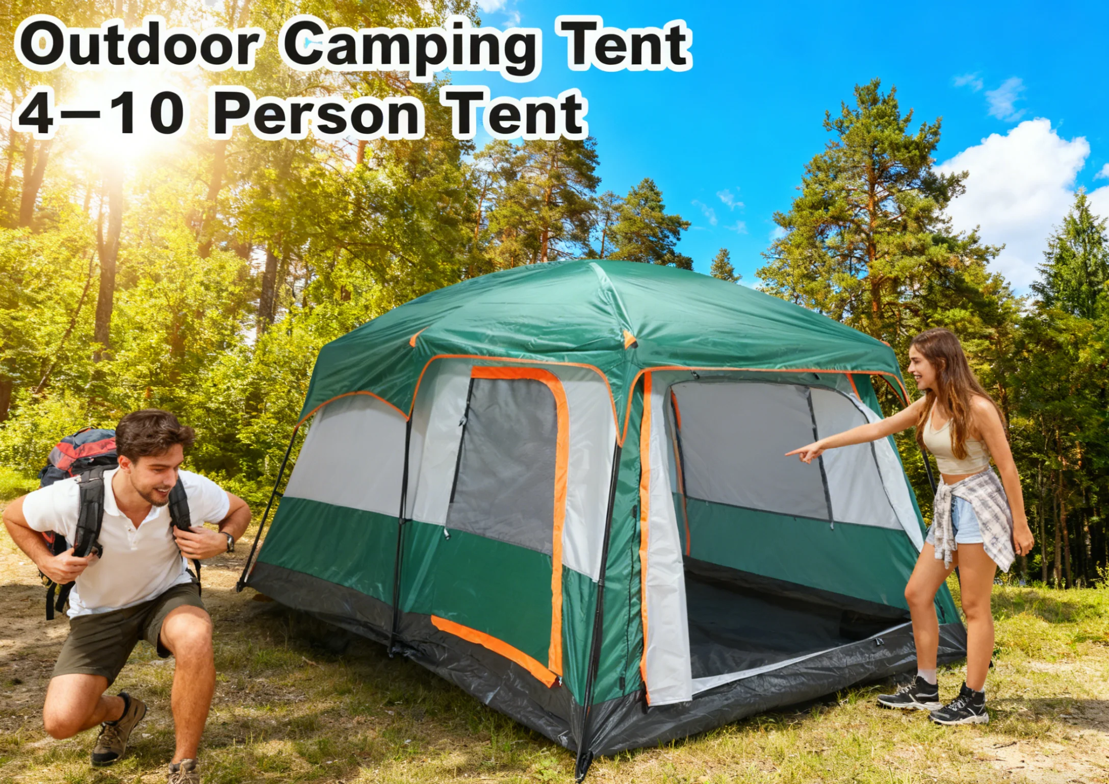 6-8-12 Person Large Family Camping Tent Easy Pop-Up 2 Bedrooms 1 Living Room Spacious Waterproof Breathable Outdoor Shelter