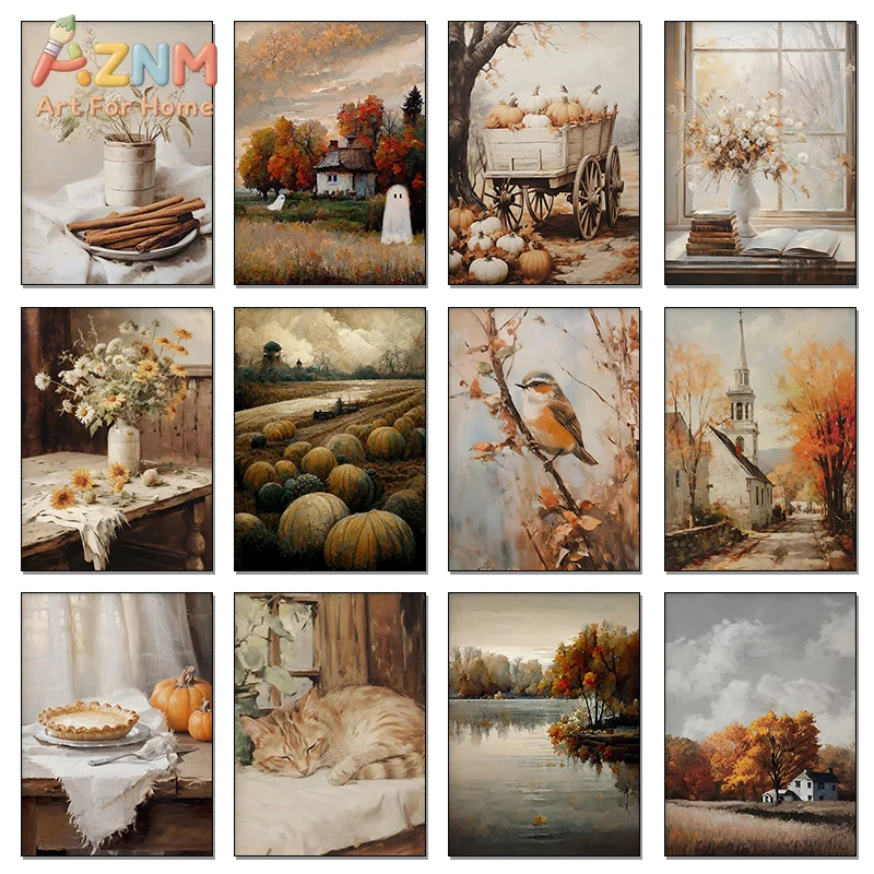 AZNM Cozy Fall Autumn Canvas Wall Art Pumpkin Cat Bird Country Cottage Vintage Oil Painting Harvest Season Unframed Canvas Home