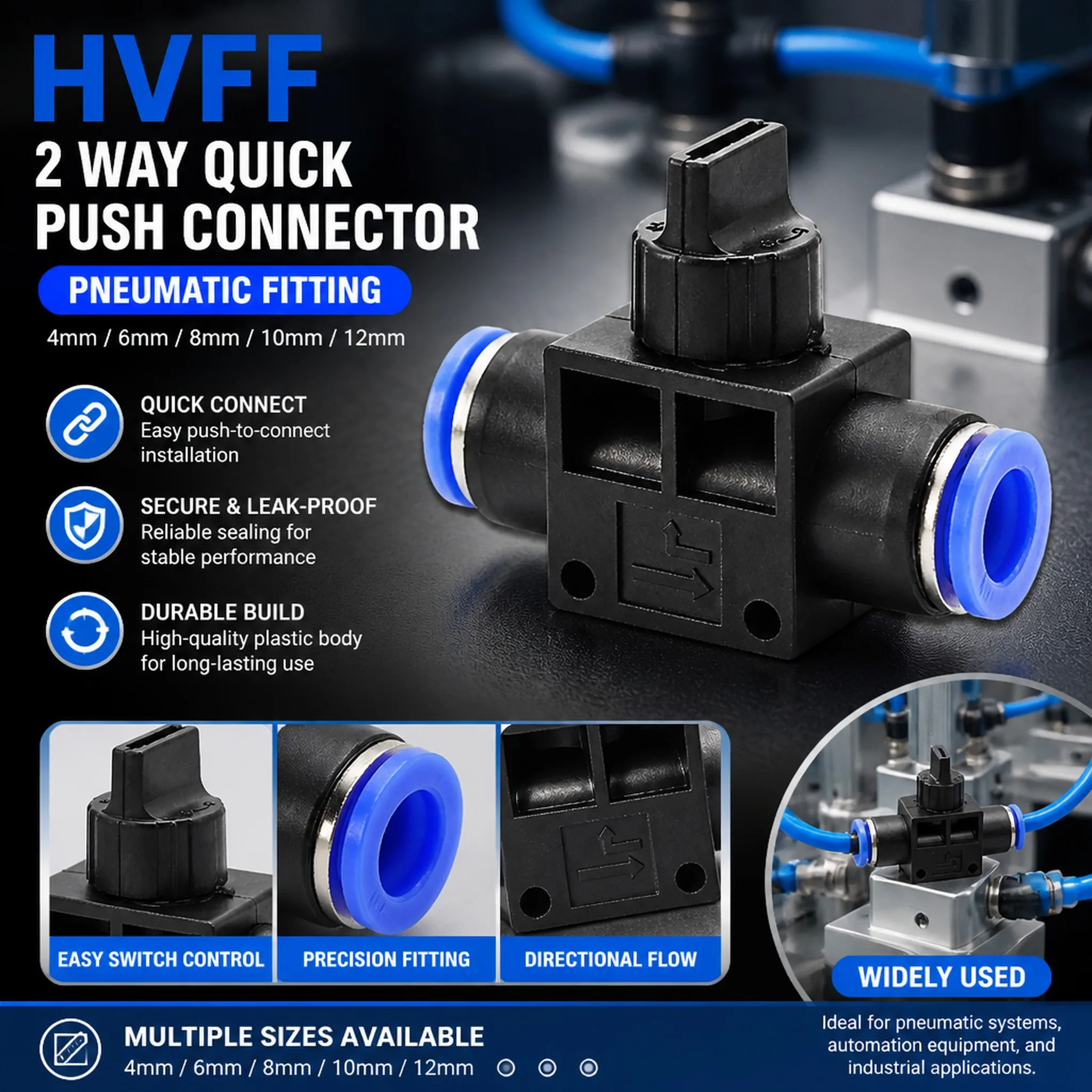

HVFF Pneumatic Fitting 2 Way Quick Push Connector 4mm 6mm 8mm 10mm 12mm Tube Hose Air Plastic Shut Off Switch Hand Valve