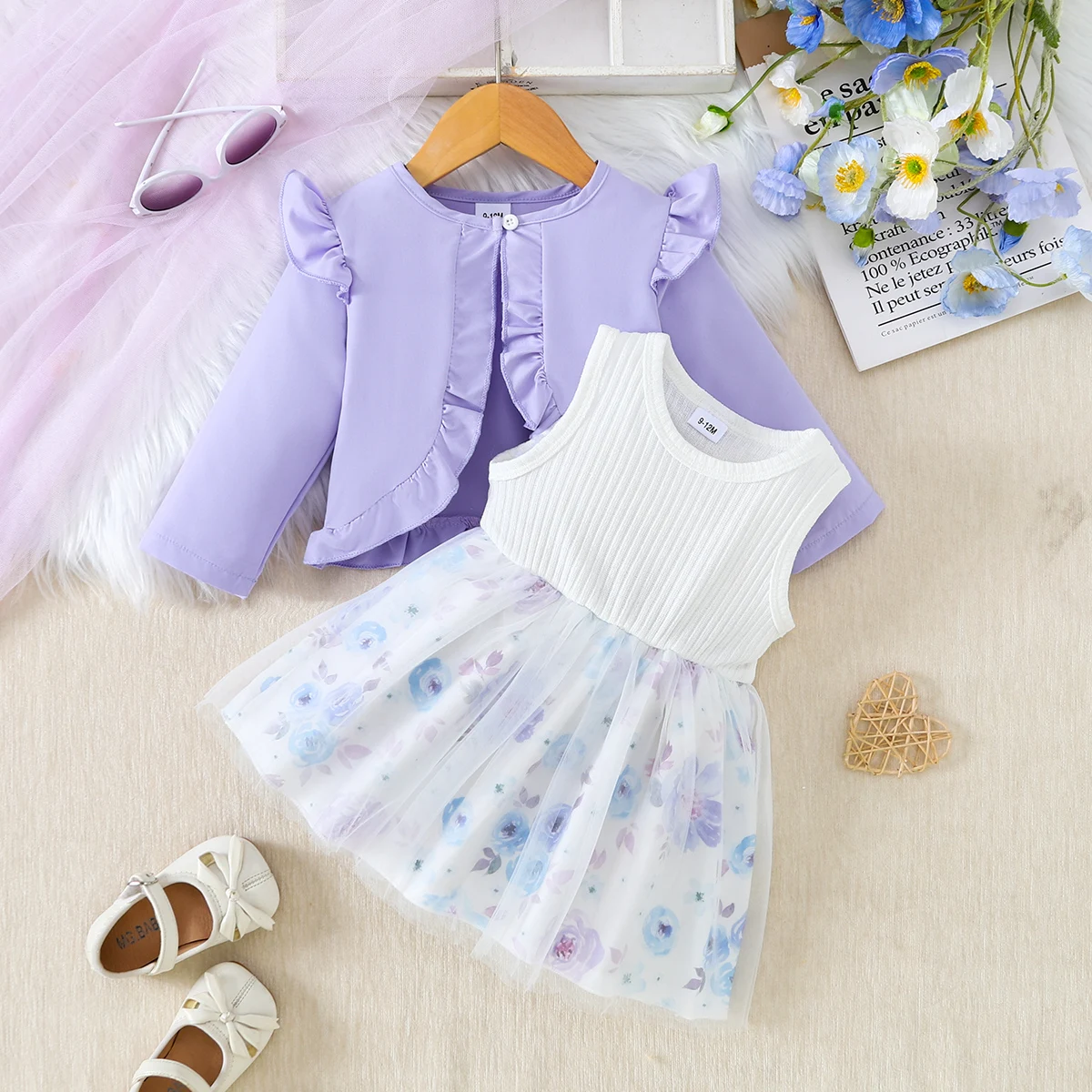 Top Rated Trending Baby Girl (0-4Y) Floral Print Tulle Dress & Purple Ruffle Knit Cardigan 2pc Set: Soft Stretchy Fabric, Breath