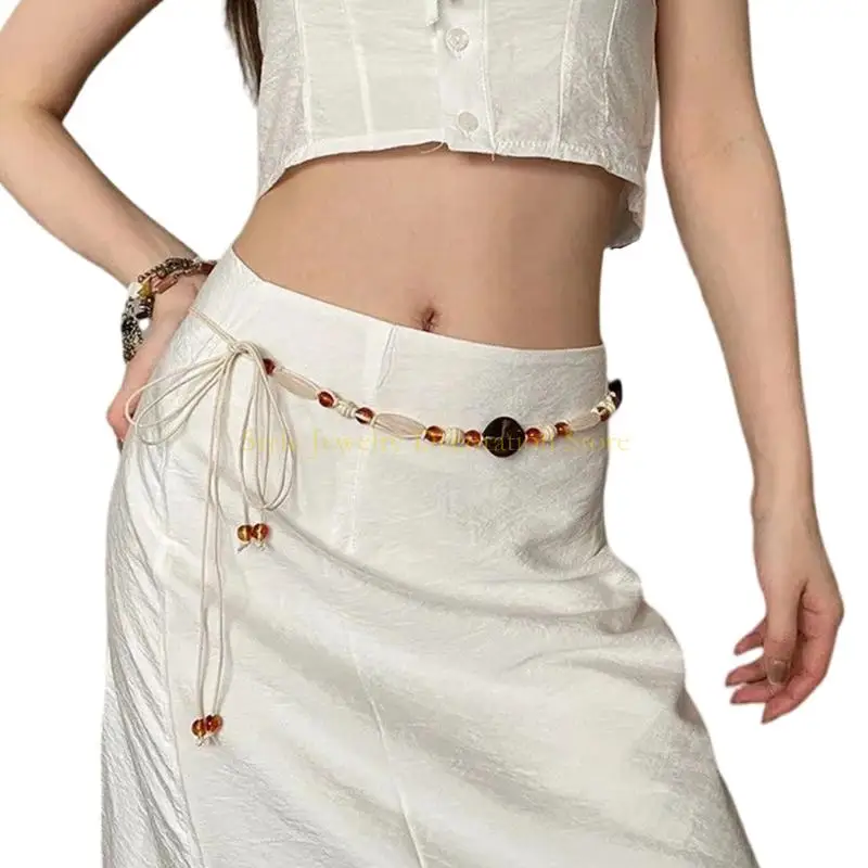 D46Eハンドメイドワックスロープウエストバンドボヘミアンの衣装を一致させるためのビーズの詳細