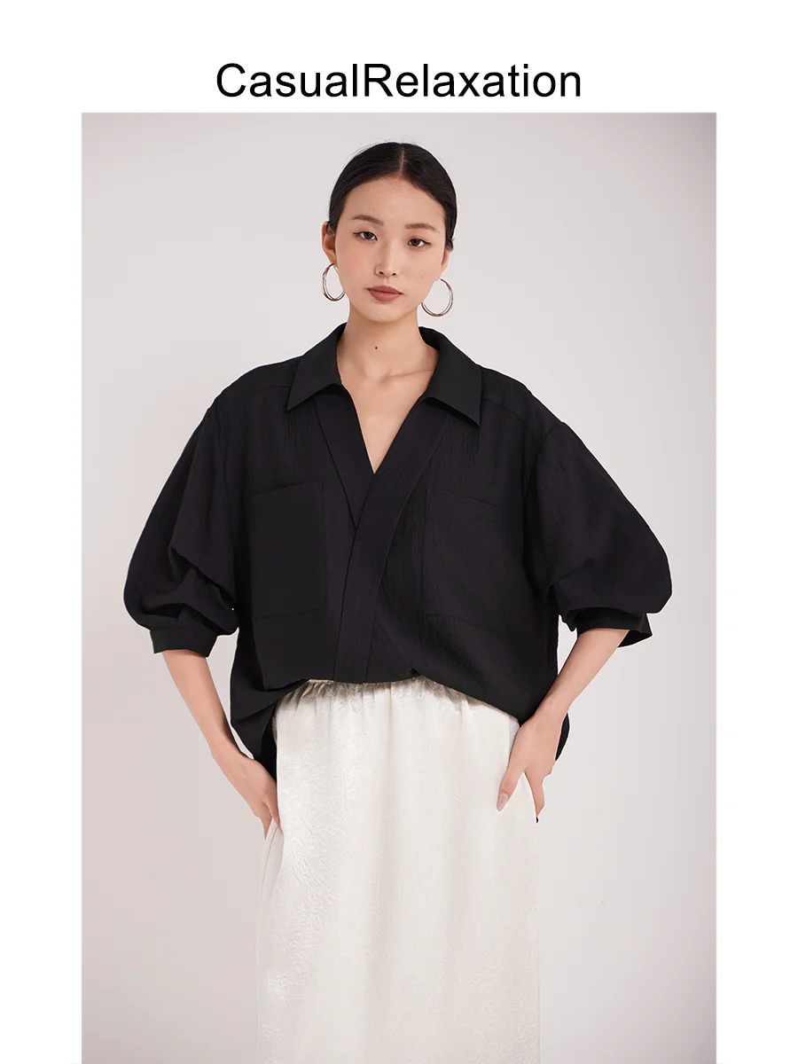 

Свободная черная блузка с V-образным вырезом и коротким рукавом для женщин, повседневная модная одежда, весна-лето, новинка, удобная, дышащая, из смесового полиэстера