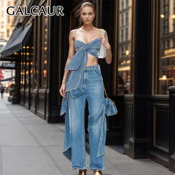 GALCAUR Solid Denim Two Piece Sets Strapless Patchwork Bowknot Backless Hollow Out Tank Top High Waist Flower Pants Suit Female