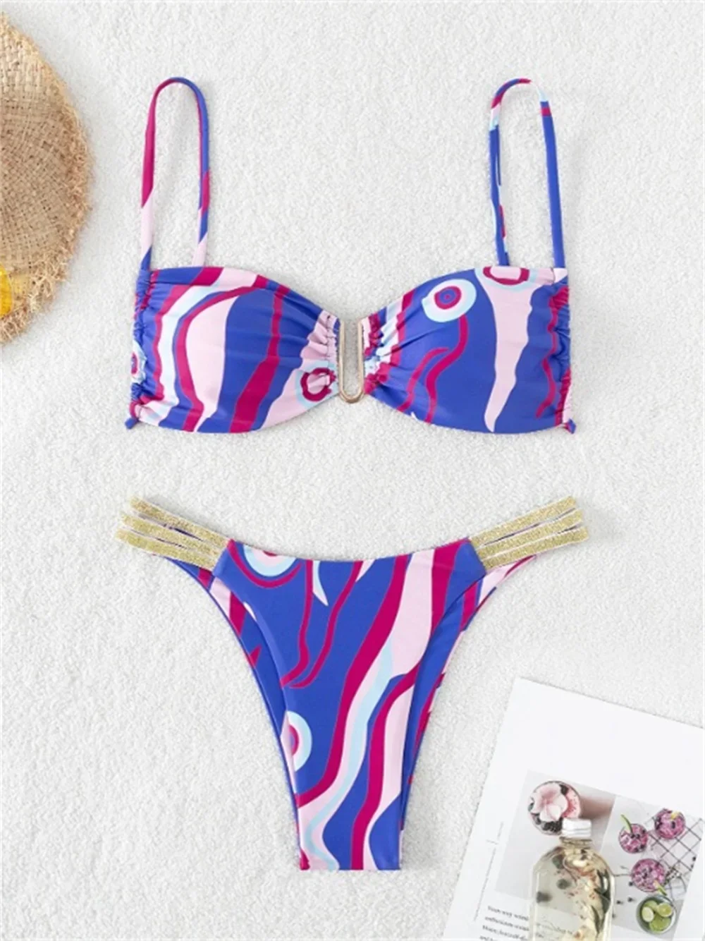 

U Wire Sling Bikini Print Y2K Swimsuit Backless Lace Up Elastic Bandage Vacation Swimwear Women Beach Outfit Ribbed Bathing Suit