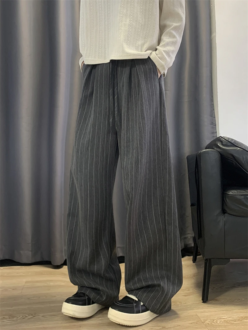 Cleanfit Men's Wide Leg Pants Old Money Style Casual Stripe Design Drapey Loose Fit Autumn Season Polyester Fiber Youthwear