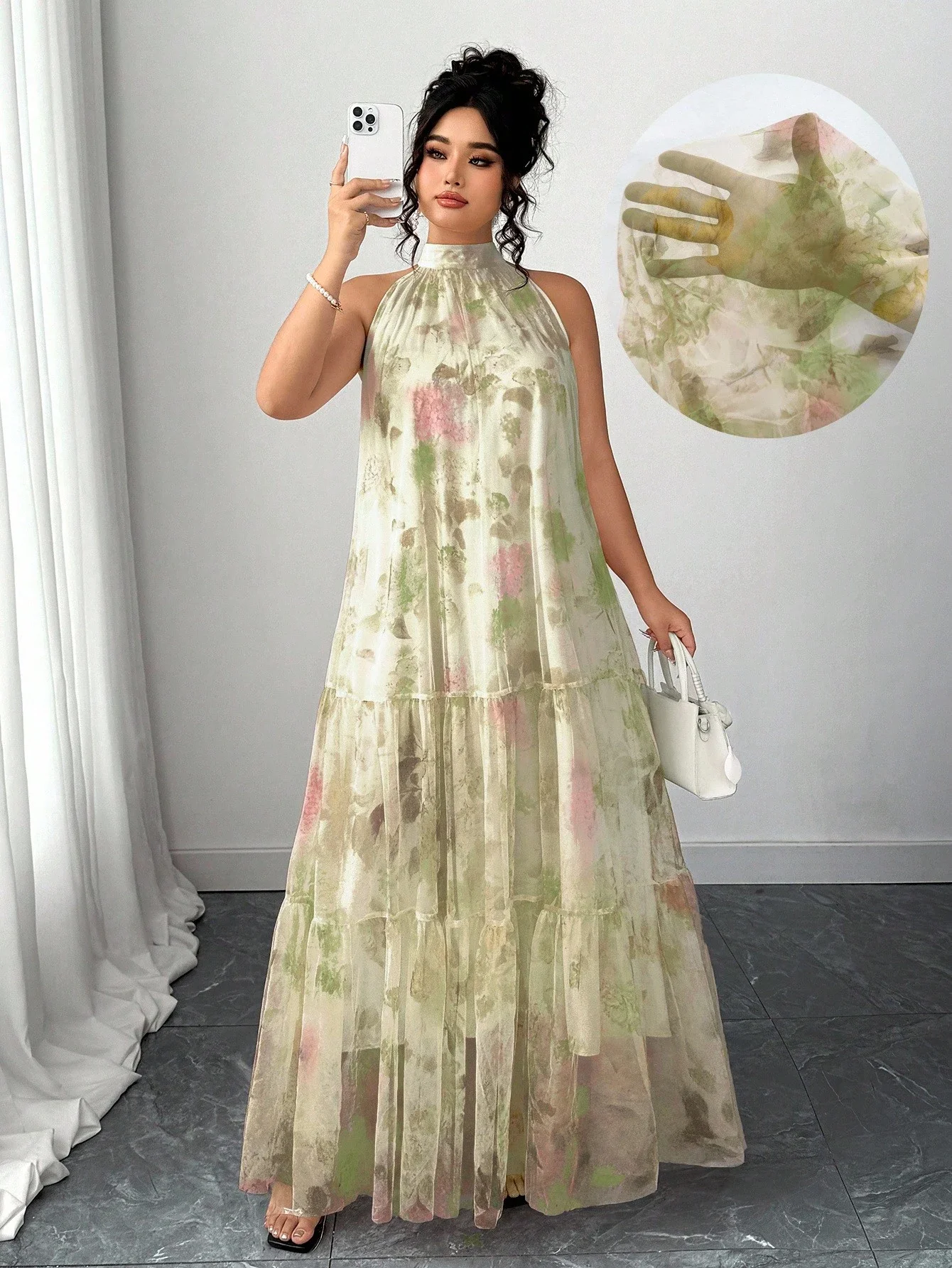 

Plus Size Women Elegant Sleeveless Floral Mesh Tiered Maxi Dress