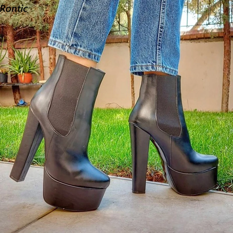 Rontic New Arrival Women Winter Platform Ankle Boots Unisex Faux Leather Chunky Heels Round Toe Black Party Shoes US Size 5-20