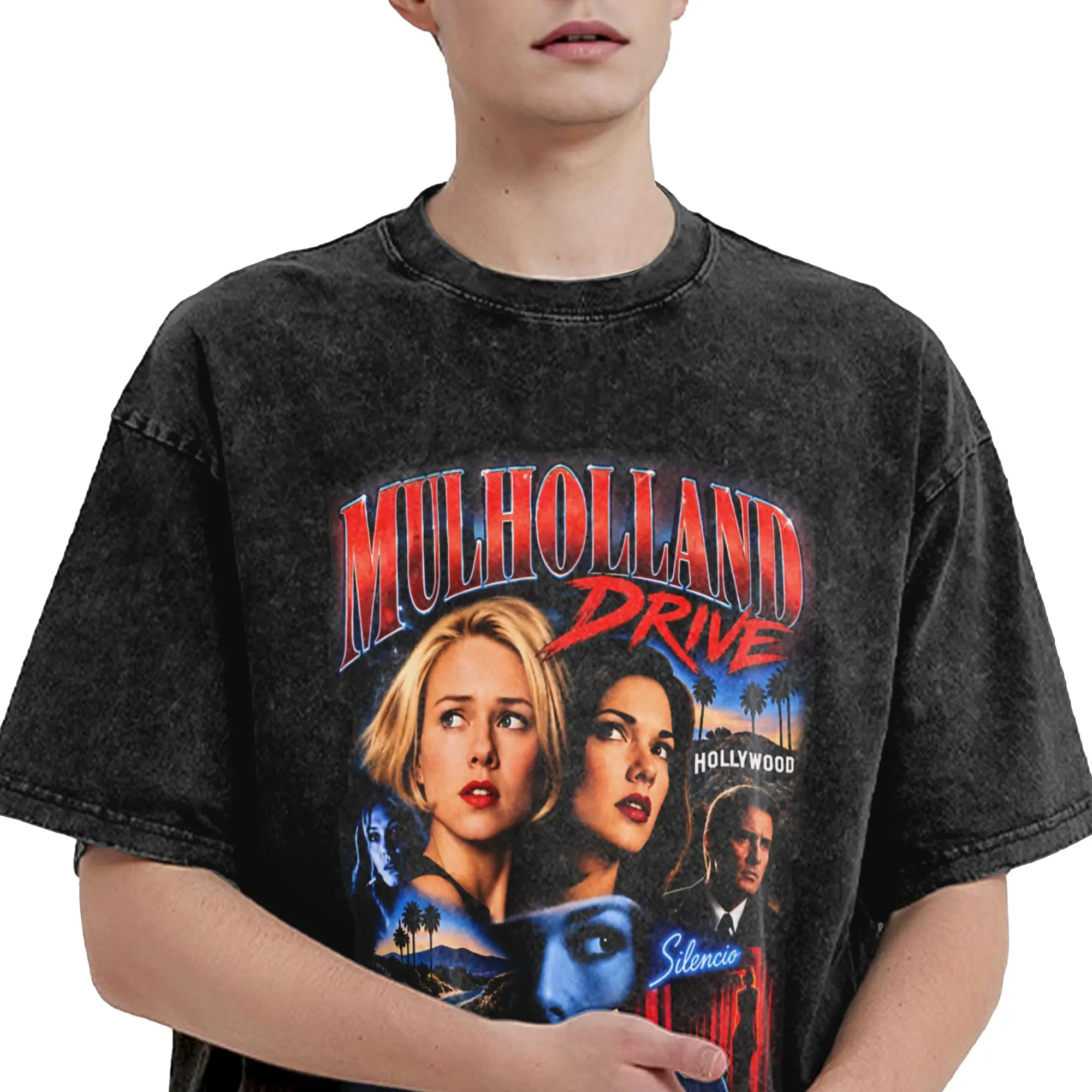 Mulholland Drive T Shirt Hip Hop Washed Short Sleeve Oversize T-Shirt  Fashion Men Women Streetwear Printed Tees