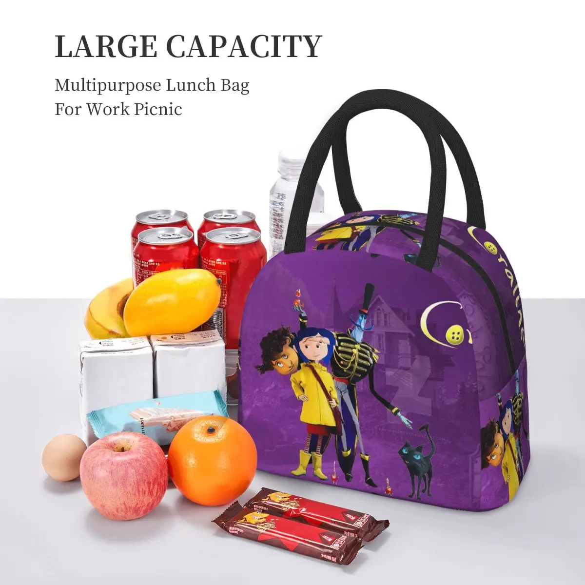 Coralines Halloween Cartoon Anime Borse per il pranzo Bento Box isolato Borsa per il pranzo portatile Borsa da picnic Borsa termica per donna Ufficio per bambini