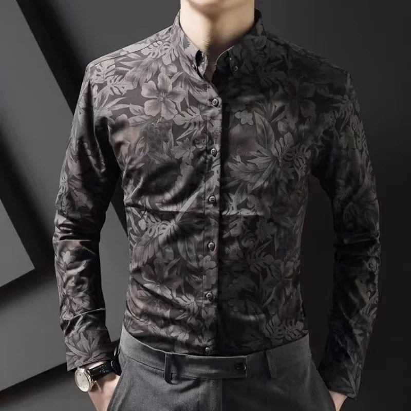 Business Man Tops Long Sleeve Dot with Print Shirts and Blouses for Men Floral Clothing S Asia Luxury Fashion 2024 Xxl Cool Silk