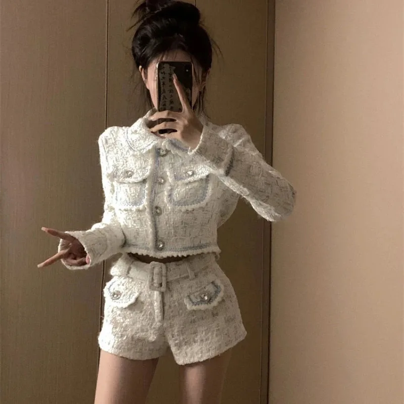 Bonito outono elegante shorts 2 peça conjunto feminino outwear casual colheita topos casaco + senhora do escritório y2k shorts feminino moda coreana terno