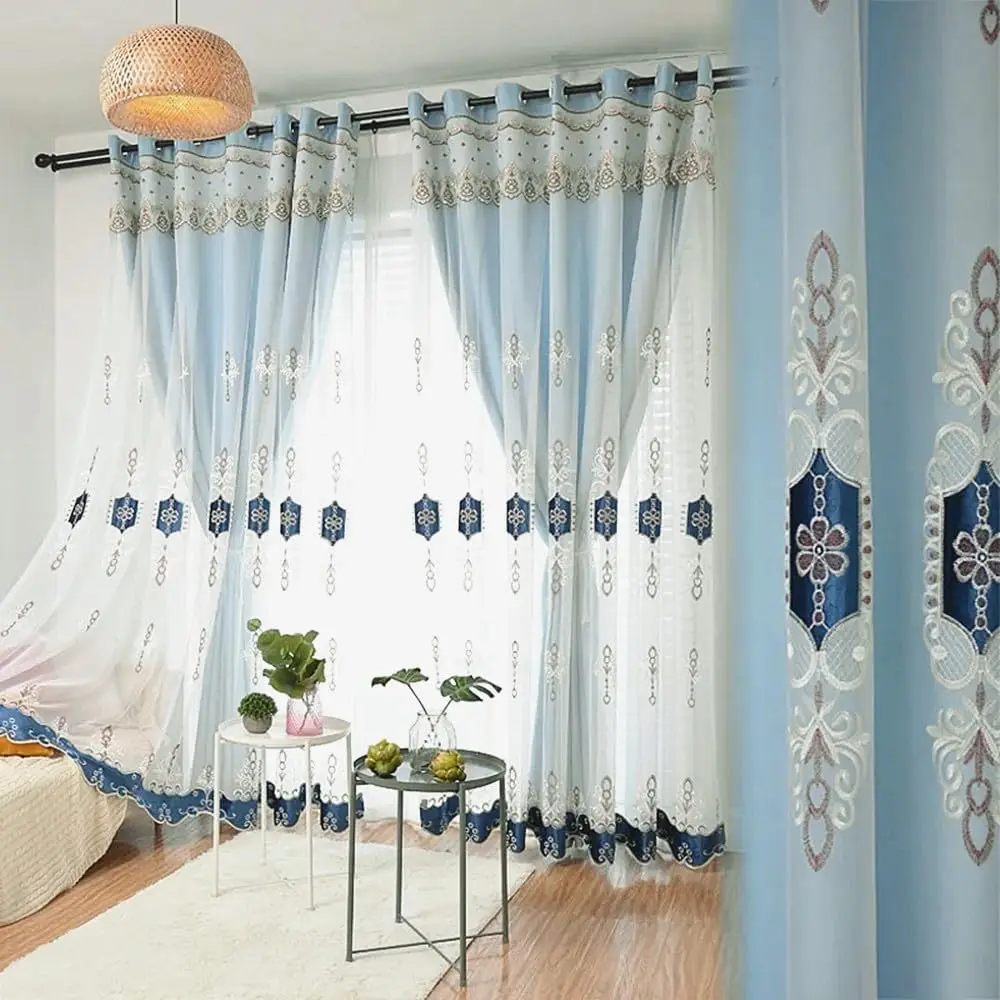 1 Panel 132cm Width European Double Layer Curtain with Valance for Living Room Bedroom Luxury Embroidered Curtain