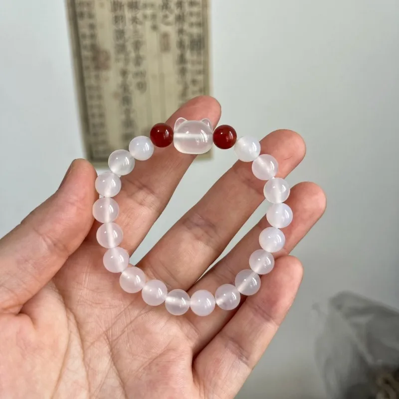 Natural White Agate Cat Bracelet Lychee Frozen Cat Head Bracelet Women's