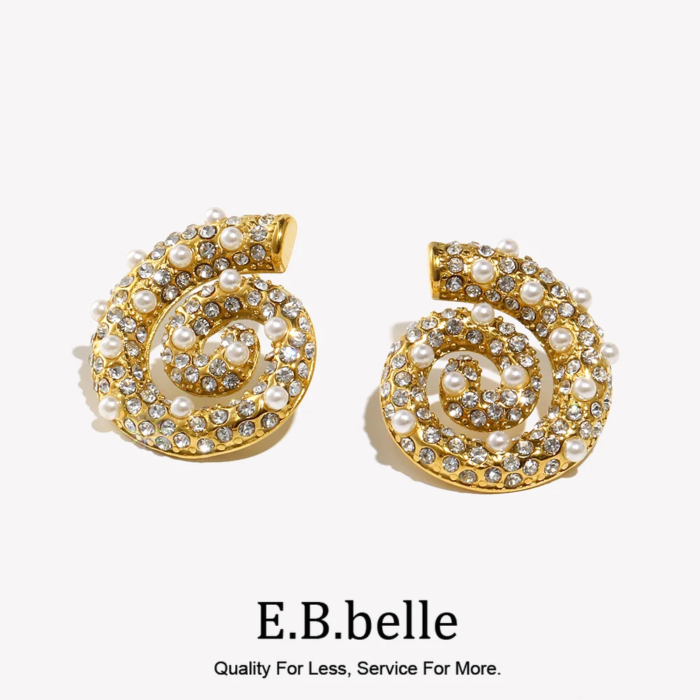 E.B.belle Full Pearl Spiral Vortex shaped For Elegant Style Women Stainless Steel 18k Gold Plated Personality Trendy Jewelry