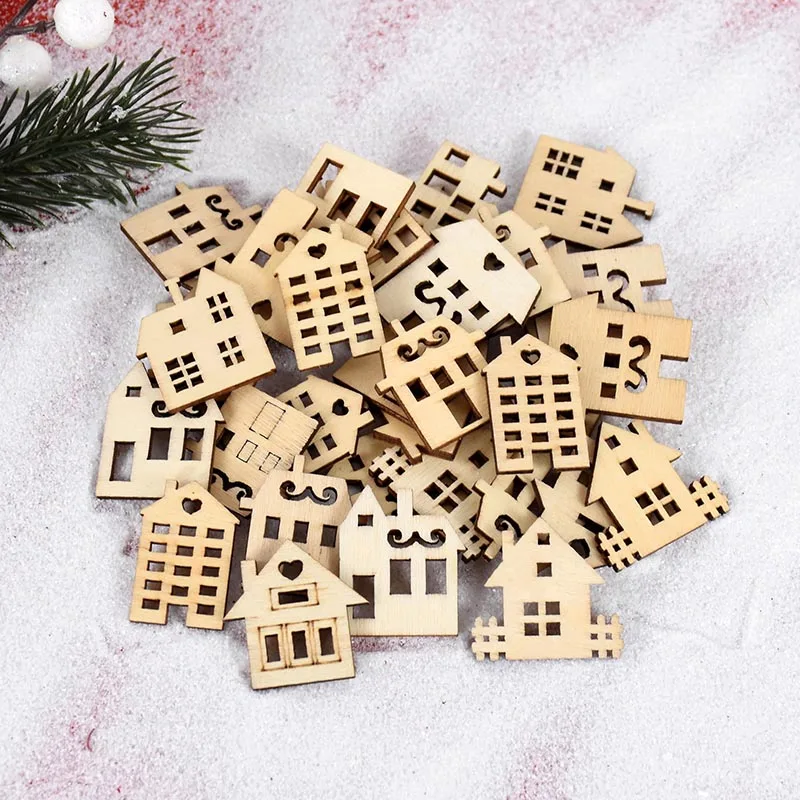 50pcs Natural Mini House Shaped Wood Pieces Christmas Wooden Ornament Embellishment DIY Crafts Decor Navidad Noel Natal Supplies