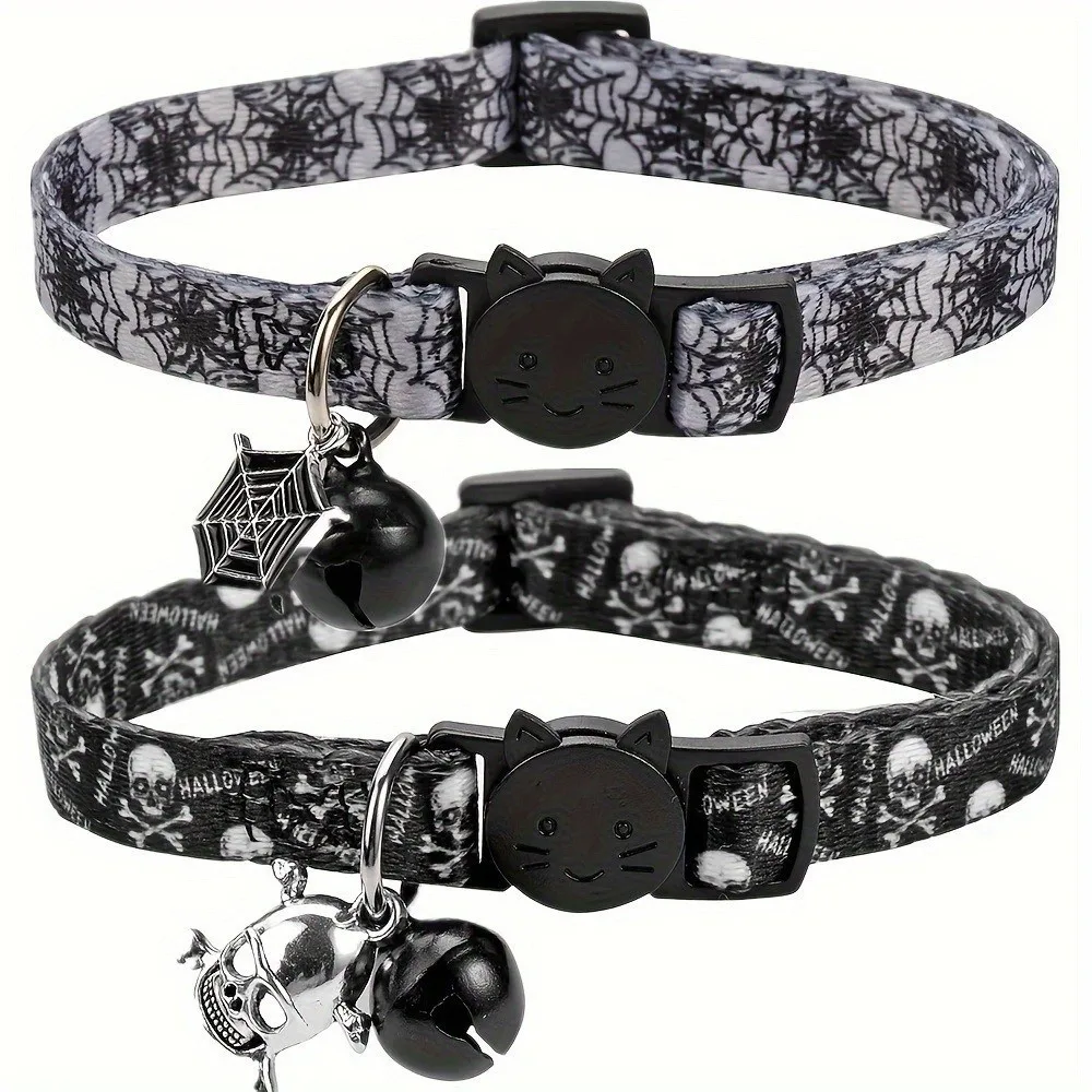 Polyester Halloween Cat Collar Decorative Charm Festive Design Pet Safety Buckle Collar Skull Spiderweb Design
