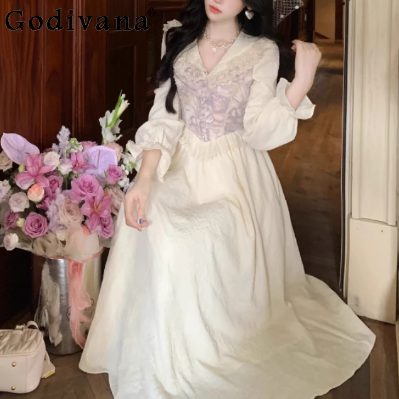 

Large Size French Elegant Court Embroidered Lace V-neck Princess Dress High Waist A-line Long-sleeved Temperament Party Dresses