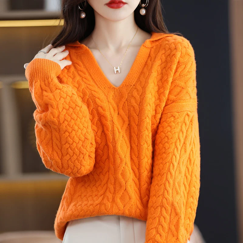 Polo Lapel 100% Pure Wool Sweater Women\'s Fashion Autumn And Winter New Sweater Cashmere Sweater Loose Knitted Sweater JQ153