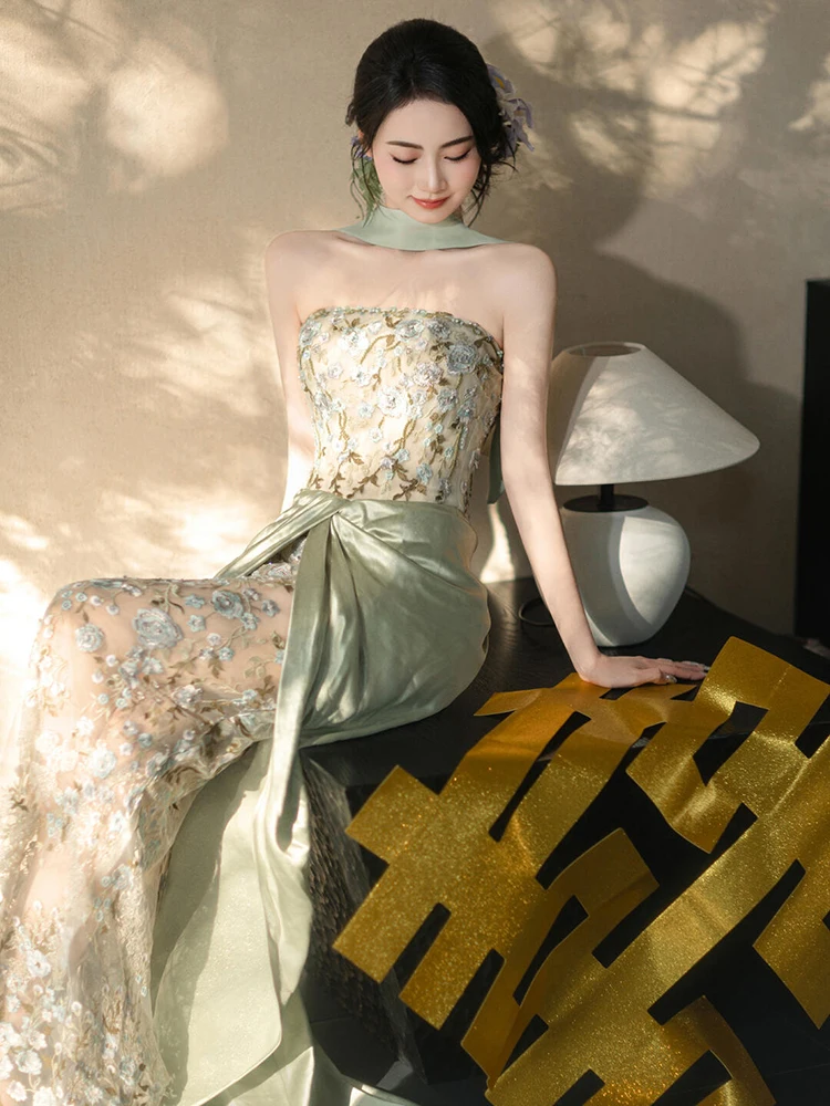 

Ele New Chinese Sle Wedding Robe Lace Bridal Gown Vintage Strapl Long Evening Dr for Wedding Reception