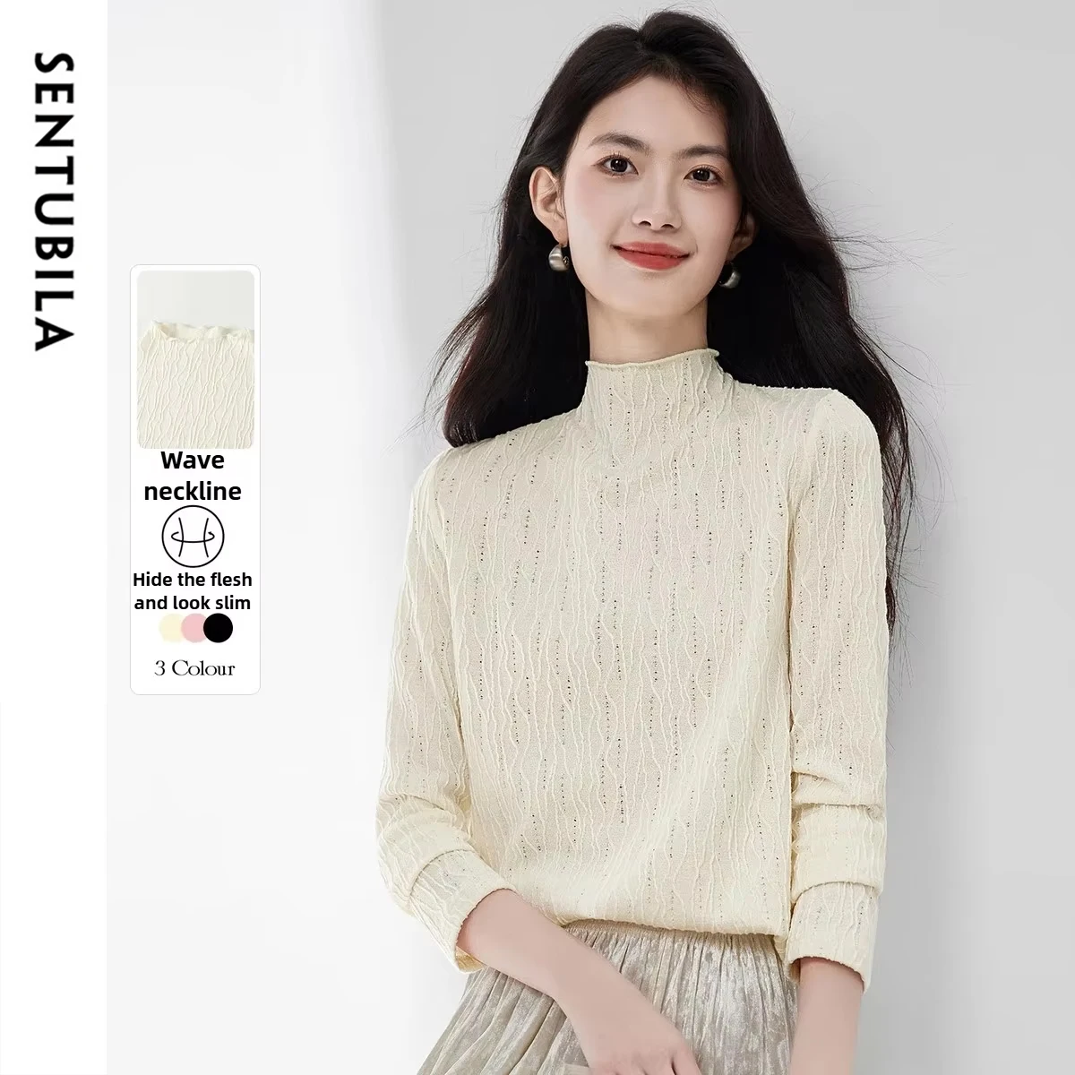 

SENTUBILA Women Water Ripple Sweaters Half High Collar Lace Tops 2025 Autumn New Knitted Elegant Casual Pullovers 153SA2431