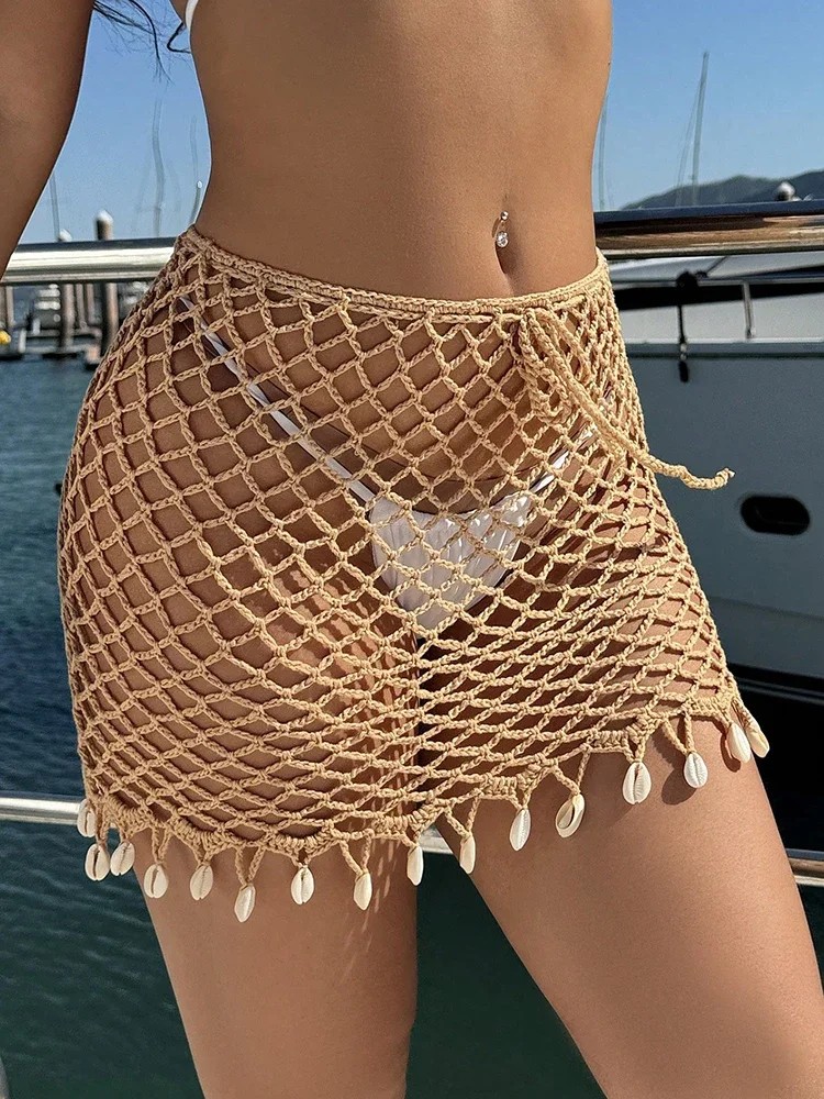 Women Crochet Cover Up Hollow Shell Short Beach Dress Mini Skirt Cover Up Bikini Swimsuit Dress Bathing Suits Beach Short Dress