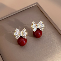 Fashion Crystal Zircon Bow Knot Stud Earrings For Women Elegant Flower Pearl Rhinestone Red Earring Party Christmas Jewelry Gift