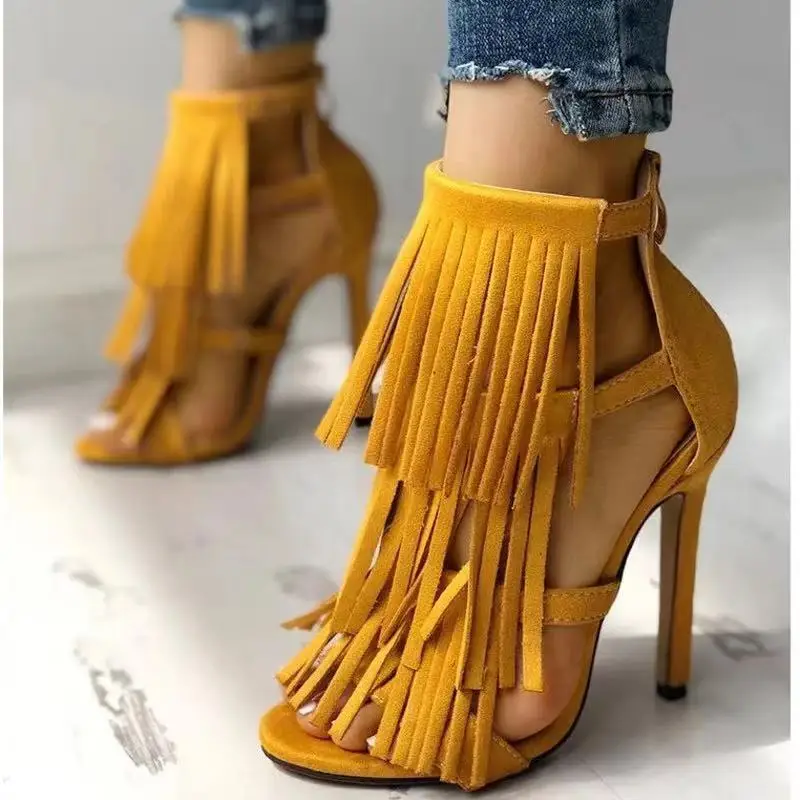 Beige Heeled Sandals Low-Heeled Shoes With Strap Tassel Open Toe 2024 Women\'s Large Size Black Low-heeled Fashion Fringe Peep Co