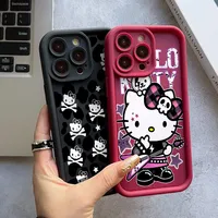 Rock Skull Hello Kitty Phone Case for iPhone 16 15 14 Plus 13 12 Mini 11 Pro Max X Xs XR 8 7 Soft Ladder Lens Protection Cover