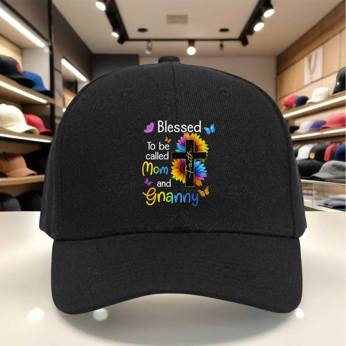 Blessed to Be Called Mom And Granny Faith Cross Sunflower Butterfly Baseball Cap, Religious Spiritual Women'S Hat with Colorful