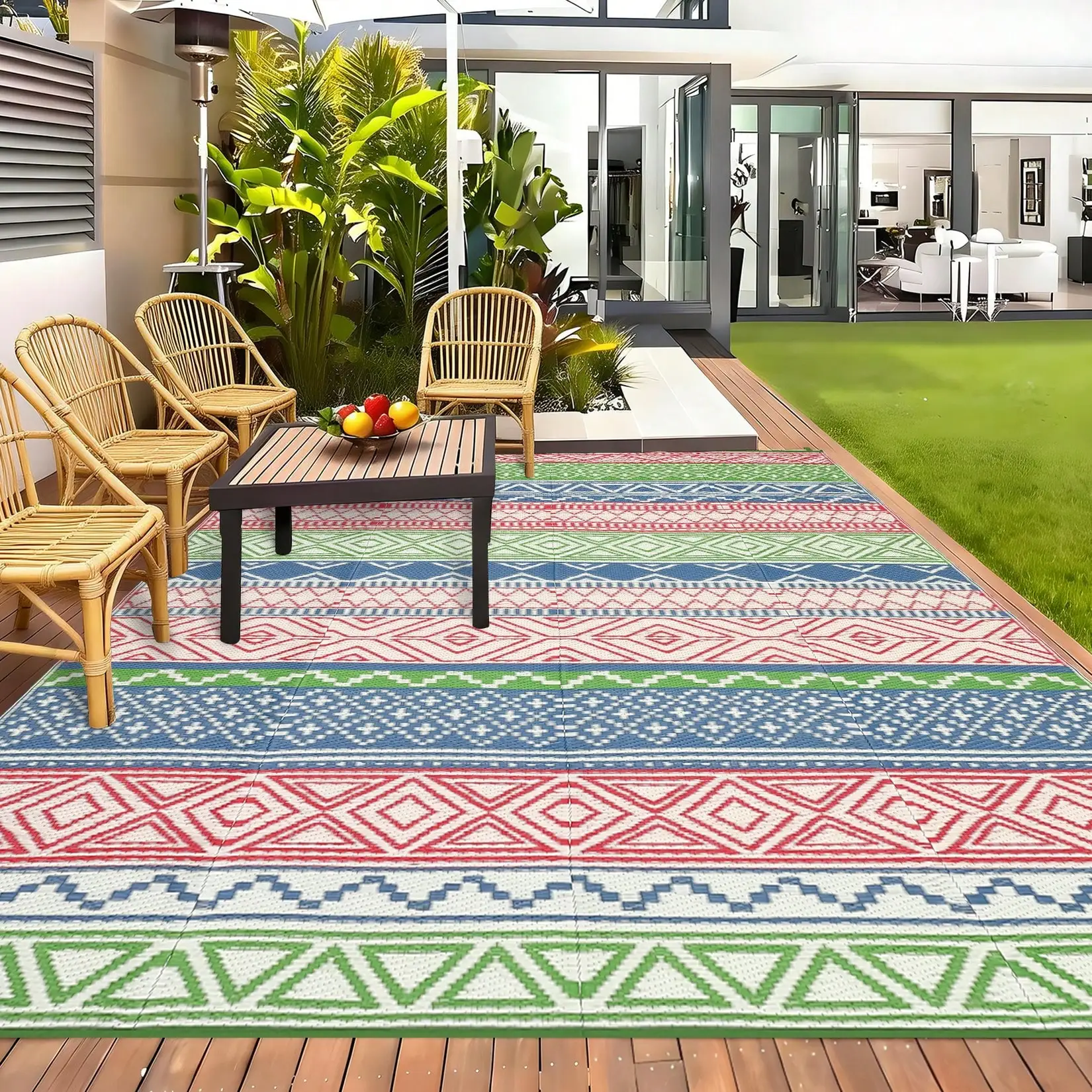 

1Pcs Home DecorPink Green Outdoor Rug PP Plastic Straw Woven Waterproof Patio Rug With Border Portable Outside Carpet For Balcon