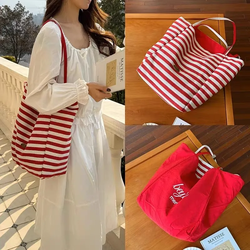 

JIAERDI Retro Red Striped Canvas Bag For Women 2025 New Trendy Large Capacity Tote Bag Purse Ladies Vintage Shopping Handbag New