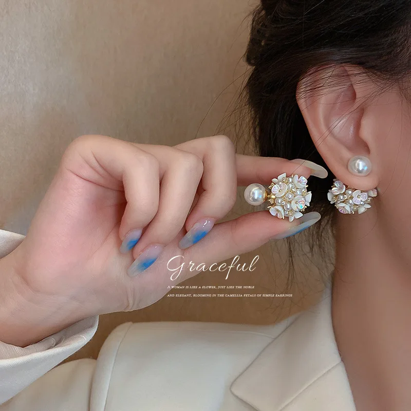 Exquisite Pearl Flower Stud Earrings For Women Fashion Versatile Double sided Wearing Pearl Earrings Wedding Party Lady Jewelry