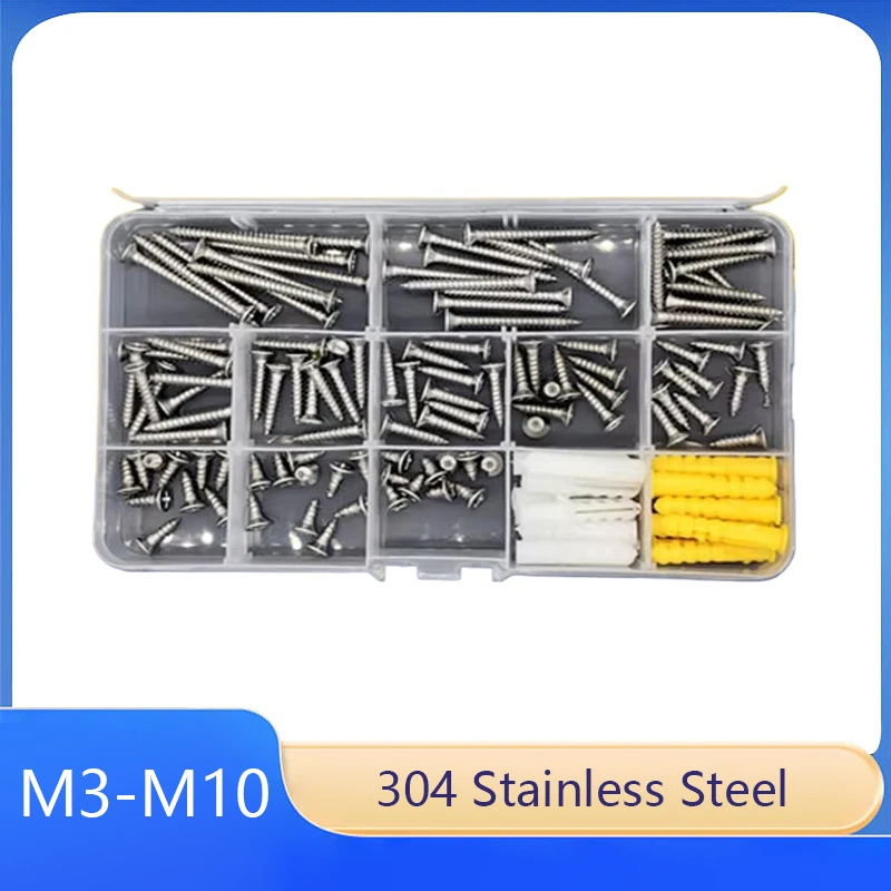 

304 Stainless Steel/Carbon Steel Screw Set M3 M3.5 M4 M5 M6 M8 M10 Flat Head Round Head Large Flat Head Includes Plastic Plugs