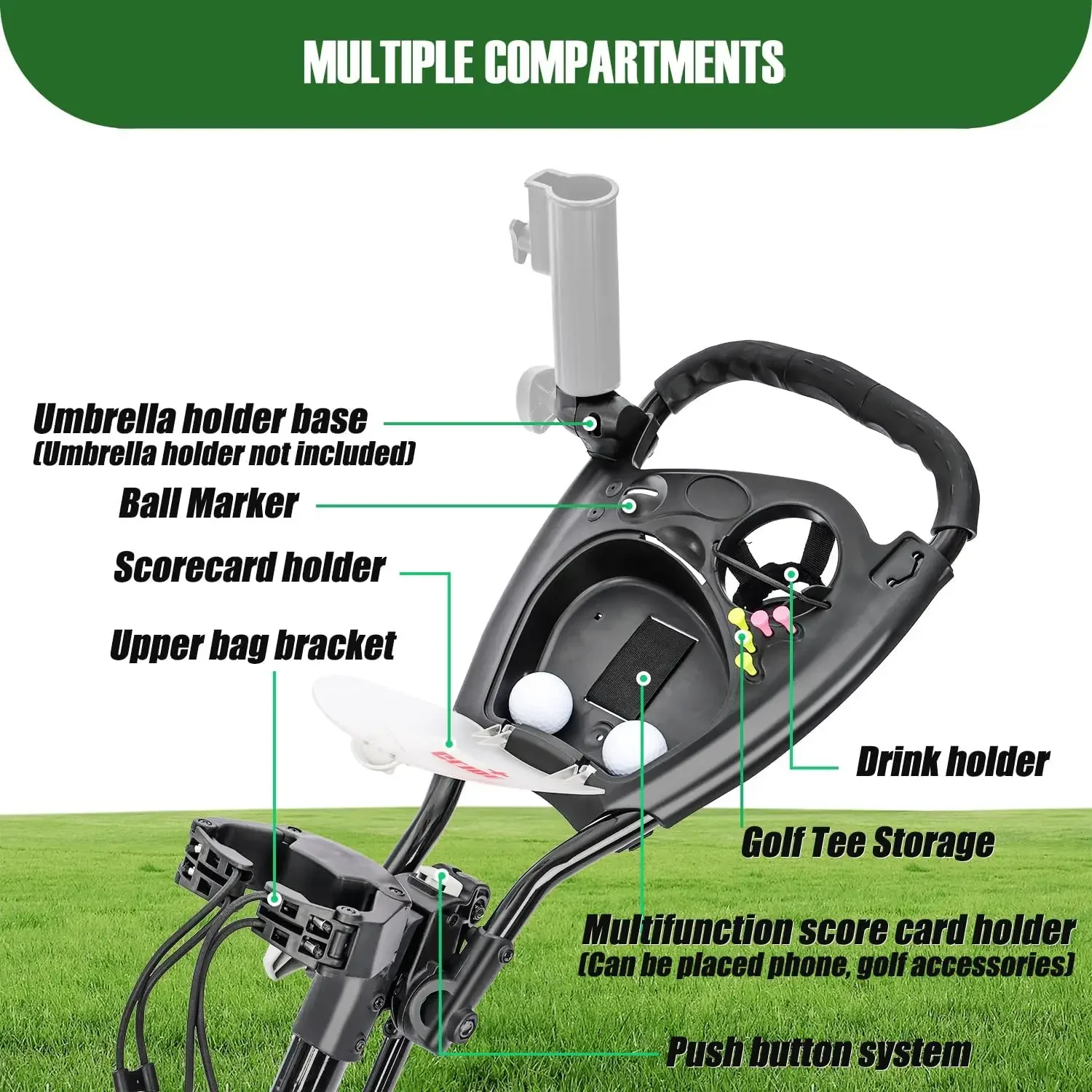 4 Wheel Golf Push Cart, One-Click Folding  Trolley Lightweight  Bag Pull Cart Caddy for  Clubs