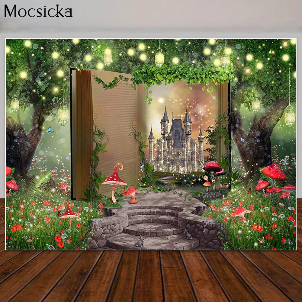 

Fairytale Enchanted Forest Backdrop Mushroom Magical Book Background Castle Children Kids Birthday Party Decor Photo Booth Props