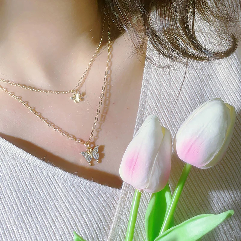 Double Layer Clavicle Chain Cool Neck Chain Fashion Shiny Butterfly Necklace Ladies Exquisite For Women Jewelry Gift