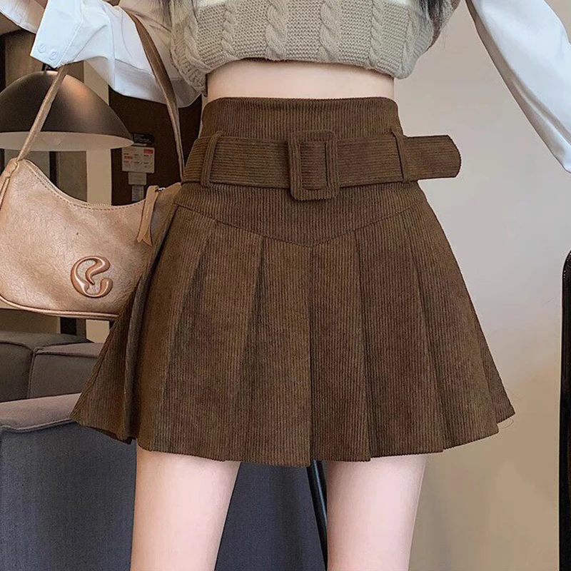 

Belted Pleated Skirt Corduroy High Waist Mini Skirt with Matching Belt Built-in Shorts Women Preppy Academia Style