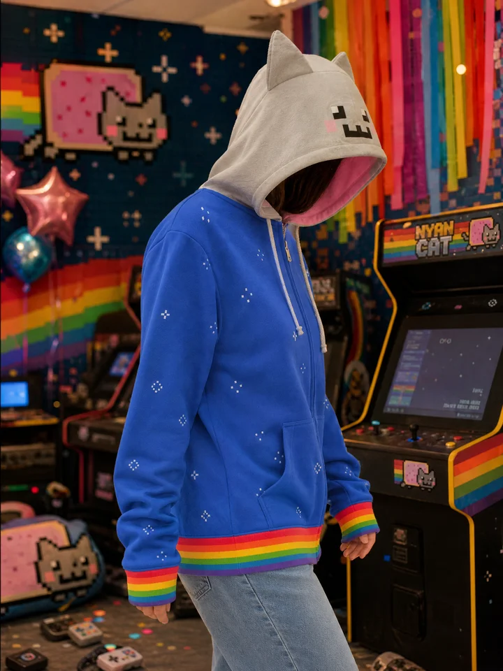 Nyan Cat Blue Embroidered Zip Up Hoodie Pixel Face Ears Hood