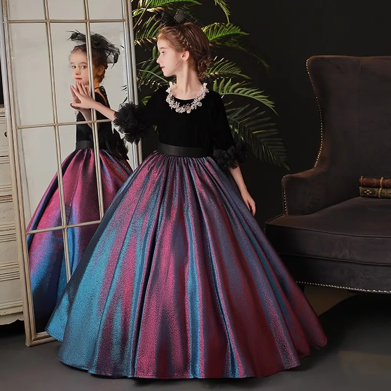 

It's Yiiya Customized Flower Girl Dress Black Velvet O-neck Bow Belt Princess Floor Length 3/4 Sleeves Zipper Back Kid Gown T053