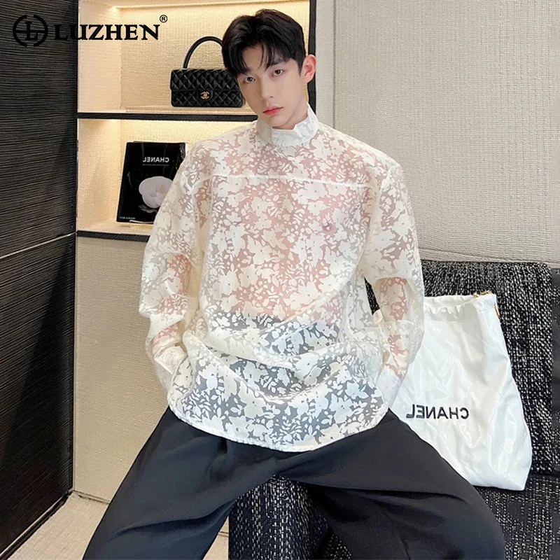 LUZHEN 2024 Niche Korean Transparent Design Long Sleeve Shirt Men Thin Trendy Elegant Perspective Tops Clothes Breathable LZ6808